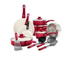 GreenLife Soft Grip Batteria di Pentole 16 Pezzi, Rivestimento Antiaderente senza PFAS, Padella 12/18/24 cm, Casseruola con Coperchi, Pentola 15/18 cm,Lavabile in Lavastoviglie, Sicuro al Forno, Rosso