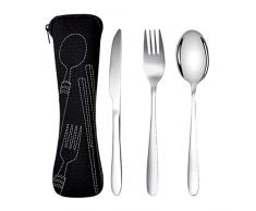 Set di Posate con Custodia Portatile, Posate in Acciaio Inossidabile Set di Utensili da Campeggio, Coltello Forchetta Cucchiaio Set per Viaggi allaperto Picnic Ufficio Scuola Lunch Box (Nero)