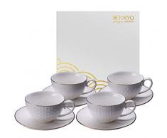 TOKYO design studio Nippon White Set di 4 Tazze Bianche con piattini, con Bordo in Oro, Ø 9 cm, Altezza 5,6 cm, 180 ml, Porcellana Asiatica, Design Giapponese, Confezione Regalo Inclusa.