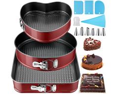 MULEVIP Tortiera Rimovibile,Teglia da Forno Rotonda 3 Pezzi Rimovibile Stampi per Dolci,Teglia da Forno Quadrate Springform,con Spatola e Beccucci - Rivestimento Antiaderente (22/24/26 cm) - Rosso