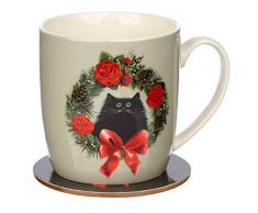 Set Tazza e Sottobicchiere Natalizia in Porcellana - Kim Haskins - Gatto con Ghirlanda