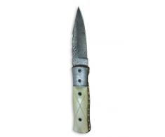 Coltello a serramanico in acciaio damasco, con custodia in pelle