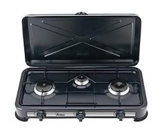 ARDES | AR1FG03 Fornello a Gas da Esterno GPL Cucina a Gas Portatile per Campeggio 3 Fuochi Con Coperchio In Acciaio Verniciato Nero - Classe di efficienza energetica A+++