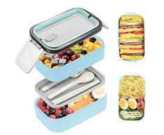 Bugucat Lunch Box 1400ML,Bento Box con 2 Contenitori e 2 Divisorio Porta Pranzo con Posate per Microonde e Lavastoviglie per Adulti e Bambini,Portapranzo Senza BPA per Scuola lavoro Ufficio Meal prep