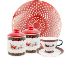 Maison Tortorà, Set Slitta Natalizia | Bis Barattoli in Ceramica, 2 Tazze da Tè in Porcellana con Piattino e 2 Tovagliette in PVC | Articoli Natalizi con Decorazione di Renna Natalizia e Babbo Natale