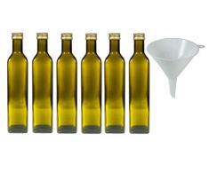 6 bottiglie di vetro marrone per olio da 500 ml con tappo dorato, bottiglie vuote utilizzabili anche per aceto (incluso imbuto di diametro di 12 cm)
