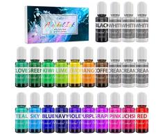 Alcohol Ink Set - 24 x 10ml Inchiostro Alcool per Pittura, Resina Epossidica, Fabbricazione Capsule Petri di Resina - Colorante Alcool Concentrato con 6 Ink Bianchi per Arte in Resina, Bicchiere, Yupo
