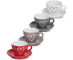 matches21 - Set di 4 tazzine da caffè con motivo a cuore, colore: Bianco/Grigio/Marrone/Rosso, con piattino in ceramica, altezza 5 cm, 50 ml