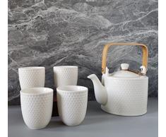 KOPYFANTAP Teiera con Tazze Set,Servizio da tè in Ceramica in Moderno Giapponese,1 Teiera e 4 Tazze da tè con Geometrico in Rilievo,900ml,Bianco Brillante