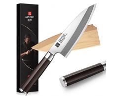 XINZUO 18cm Coltello Deba Acciaio Inossidabile X8Cr14MoV, Coltello da Sushi Professionale Lama Singola Coltello Sashimi, Manico in Legno di Ebano -con Fodero in Legno di Betulla