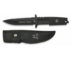 RUI K25 31910. Coltello impugnatura in gomma. Lama in acciaio inox e titanio bagno. Dimensione totale 25.8 cm. Esso comprende guaina di nylon. Caccia