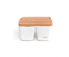 D,casa - Saliera doppia da cucina, bianca, minimalista, in ceramica, con coperchio in legno ribaltabile