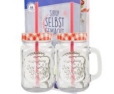 Set di 2 bicchieri in vetro con coperchio e cannuccia con ricetta l'impugnatura - a quadri bianchi e rossi - 0,5 litro Tazza/Bicchiere con rilievo - per succhi, frullati e altre bevande per rinfrescarsi