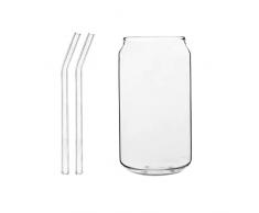 Peyan Bicchieri per succo dacqua, set di 1 tazza di vetro a forma di lattina con 2 cannucce di vetro riutilizzabili, tazza dacqua trasparente a forma di coca cola, 20 once