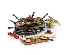 oneConcept Woklette Raclette Grill - Grill da tavola, Wok Set, 1200 W, Temperatura regolabile continua, 8 padelle e spatola in legno, 6 x mini wok, rivestimento antiaderente, nero