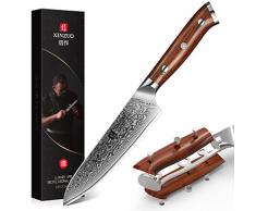 XINZUO Acciaio Damasco 13.3cm Coltello Multiuso, Coltello Universale Professionale Coltelli per Sbucciare Multifunzione Coltelli per Frutta e Verdura con Manico in Legno di Rosa- Yu Serie