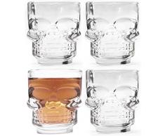 BYCO Set 4 Shot da 50gr Bicchieri Bicchierini Bicchiere in Vetro Skull con Teschio Messicano Cranio Quattro Pezzi per Whisky Vodka Liquore Rum Cocktail Grappa Birra Vino Bevande Analcoliche Cicchetto