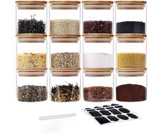 GoMaihe Set di 12 Vasetti Vetro Piccoli, 150ML Barattoli di Vetro, Contenitori Alimentari Vetro con Coperchio di A Tenuta dAria bambù, Barattolo Sale Zucchero caffè Porta Biscotti Contenitore Pasta