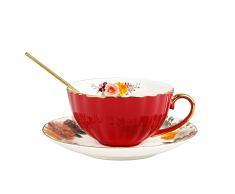 fanquare 3 Pezzi Tazza da Tè Rossa Vintage con Piattino, Tazza da Tè Floreale con Cucchiaio, Tazza da Caffè in Porcellana per Latte, Cappuccino, 200ml