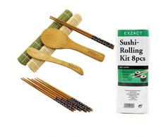 Exzact EX-SR08 Kit Avvolgibile per Sushi in Bambù Set 8 pz. - 2 x Mats, 1 Paletta Riso, 1 Spargiriso, 4 Coppie di Bacchette – Tutto Naturale, Stile Orientale