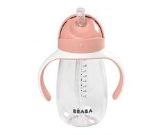 BÉABA - Biberon/Tazza di Apprendimento 2 in 1, Tazza con cannuccia per Bambini, 100% a Tenuta, Salvagoccia, Facile da aprire, Manici Removibili, Tritan e Silicone, 300 ml, Rosa