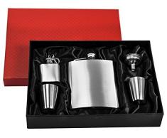 eyepower Fiaschetta in acciaio inox 210 ml + imbuto + $ bicchieri + portachiavi + elegante confezione regalo | Fiasca di metallo inossidabile 0,2l 7oz