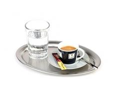 APS Vassoio di servizio Kaffeehaus, classico vassoio da caffè viennese, vassoio in acciaio inossidabile, lucido opaco, ovale, bordo arrotolato, 19 x 15 cm, altezza 1 cm