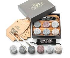 Amerigo Whisky Stones Set di Regalo - Regalo Uomo - Regali per Lui - Idee Regali per papà - Set di 8 Granito Cubetti di Ghiaccio Riutilizzabili - Whisky Pietre - Set Barman + Free EBOOK