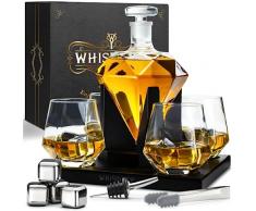 Whisiskey - Decanter per Whisky - Diamante - 1000ML - Regalo Uomo - Caraffa Whiskey - Regali Compleanno - Set include 4 Bicchieri in Vetro, 4 Cubetti di Ghiaccio Riutilizzaibili, Pinze e Beccuccio