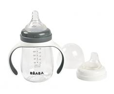 BÉABA, Biberon/Tazza di apprendimento 2 in 1, Tazza con cannuccia per bambini, 100% a tenuta, Salvagoccia, Facile da aprire, Manici removibili, Tritan e Silicone, 210 ml, Grigio Minerale