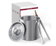 vinaSaker 1.3L Secchiello Ghiaccio, Contenitore Inox per Vino a Doppia Parete in Acciaio Inox Secchiello Compreso Pinze e Coperchi e Maniglia per Trasporto Ideale per Famiglie e Bar, Barman, Argento