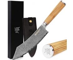 YOUSUNLONG Coltello Da Macellaio - 203mm - Mannaia Ibrida - Acciaio Damasco Giapponese - Manico In Legno Di Olivo Italiano Con Fodero In Pelle