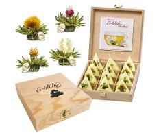 Creano Fiori di Tè Tèlini in un formato di Tazza - Set regalo in una Scatola da Tè di legno - 12 Fior di Tè Tèlini di 4 Tipi diversi - Tè bianco