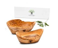 SOLTAKO Ciotola in legno dulivo - Set di 2 ciotole per salsa di ketchup, snack e antipasti - Ciotola Rustica - Set di 2 piccoli cestini da portata - Ciotole in legno grezzo, ca. 14 x 4,5 cm