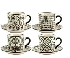 H&H Vhera Set 4 Tazze TÃ¨ con Piatto, Stoneware, Bianco/Nero, 220 ml