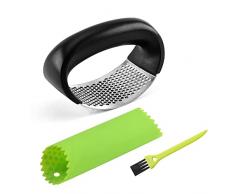 Lahviuu Spremiaglio, Spremi Aglio in Acciaio Inox e Pela Aglio in Silicone, Schiaccia Aglio e Pelapaglio con Spazzolino di Pulizia, Utensile da Cucina da Sbuccia Aglio e Trita