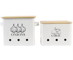Gdfjiy Contenitore per aglio cipolla, contenitore per verdure da cucina, set di 2 contenitori per cipolla e aglio con coperchio in legno e fori per aerazione, lunga durata, bianco