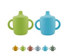 Raaz365 Tazza in silicone per bambini con coperchio, con manico, per imparare a bere, per bambini, a prova di perdite, in silicone (Light Green & Blue)