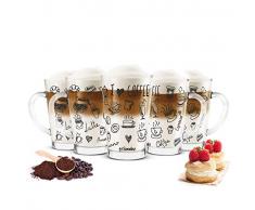 Sendez - Set di 6 Bicchieri da Latte Macchiato da 300 ml e 6 cucchiaini in Acciaio Inox (Gratis), in Vetro, con Stampa Nera