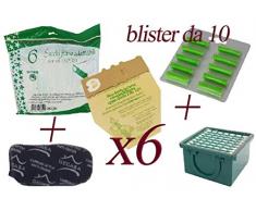 Sacchetti in Carta Naturale per Folletto Vorwerk vk130 - vk131 + Profumini al Pino + Filtro Carboni + Filtro Hepa (6 Sacchetti + 10 Profumini + 1 Carboni + 1 Hepa)