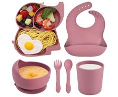 Domueay Set Pappa per Bambina, Set da 6 Pezzi Svezzamento Set con Silicone Antiscivolo Ventosa Piatto Ciotola Tazze Cucchiaio Forchetta Bavaglino,Robusto,senza BPA Impermeabili (Rosa Elefante)