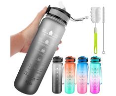AMYANT Borraccia Sportiva 1L con cannuccia e indicatore del tempo motivazionale, a prova di perdite senza BPA per appassionati di fitness e attività allaperto (grigio)