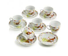 MONTEMAGGI Servizio di 6 tazzine da caffe con piattino decorato con immagine di una colpe colorata che si riposa. Dimensioni singola tazza con piattino: 11x11x6 cm