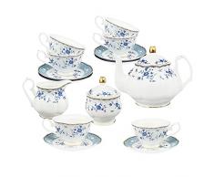 fanquare 21 Pezzi Servizio da tè in Porcellana con Rosa Blu, Servizio da caffè Inglesi con Teiera, Zuccheriera, Barattolo del Latte, Tazza e Piattino