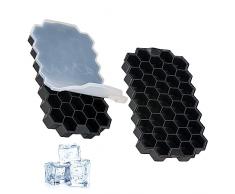 Stampi Ghiaccio Silicone, Set da 2 Stampi Cubetti Di Ghiaccio Riutilizzabili Con Coperchio Fino a 74 Cubetti Ghiaccio, Stampo Cubetti Ghiaccio Silicone ideale per Cocktail e Bevande senza BPA
