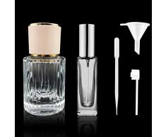 EQLEF Boccette Profumo Ricaricabili 30ml/10ml, 2 Pz Bottiglie Profumo Vuote per Vetro di Viaggio Atomizzatore Spray Bottiglia Tondo Vintage Fragrance Spruzzatori con Imbuto Dropper e Ugello Lungo