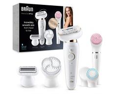 Braun Silk-épil 9 Flex Depilatore Donna, Epilatore Elettrico Donna con Testa Flessibile, Spazzola Esfoliante Corpo, Spugnetta Make Up Idea Regalo, SES9100 Bianco e Oro