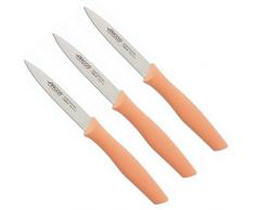 Arcos | Set di 3 coltelli da spellare, coltelli ad arco, coltello per sbucciare le patate, in acciaio inox, con lama da 100 mm, confezione ecologica, colore: corallo