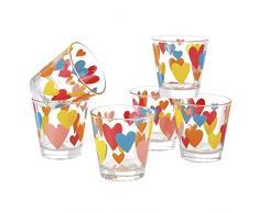 MONTEMAGGI Set 6 bicchieri acqua Decoro Colorato Stampato Cuori in vetro MADE IN ITALY Capienza 25 Cl.