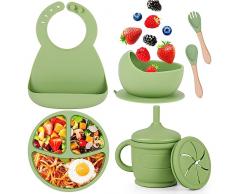 Set Pappa per Bambino, MOOKLIN ROAM 7 Pezzi Set di Svezzamento in Silicone con Antiscivolo Ventosa Ciotola Piatto Tazze Bavaglino Cucchiaio Forchetta, Senza BPA, Set Stoviglie per Prima Pappa - Verde